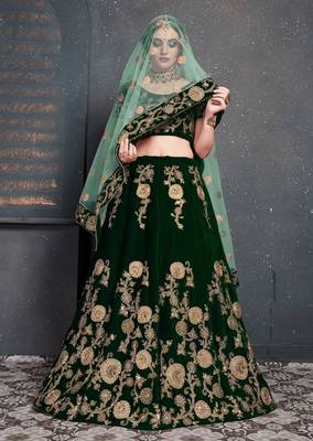 Dazzling Dark-Green Embroidered Velvet Wedding Bridal Lehenga Choli With Dupatta 5