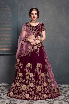 Purple Zari Embroidered Velvet Wedding Bridal Lehenga Choli With Dupatta