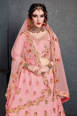 Unique Baby-Pink Colored Silk Wedding Designer Bridesmaid Lehenga Choli With Dupatta 4