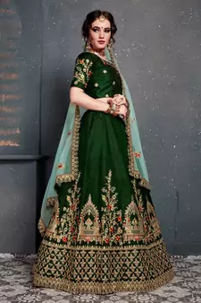 gleaming green taffeta silk wedding lehenga set choli with dupatta with dupatta
