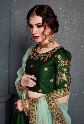 gleaming green taffeta silk wedding lehenga set choli with dupatta with dupatta 5