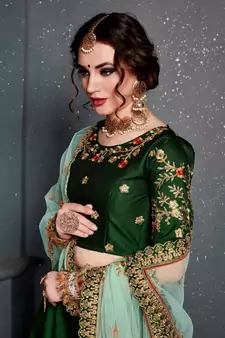 gleaming green taffeta silk wedding lehenga set choli with dupatta with dupatta