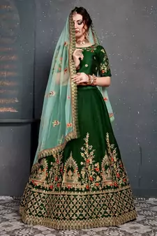 gleaming green taffeta silk wedding lehenga set choli with dupatta with dupatta