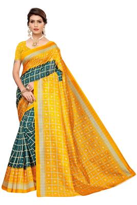 Green printed art silk saree with blouse 1