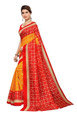 Yellow printed art silk saree with blouse 2