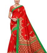 Red printed art silk saree with blouse