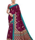 Wine printed art silk saree with blouse