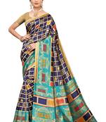 Navy blue printed art silk saree with blouse