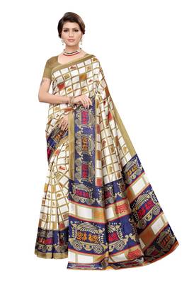 cream printed art silk saree with blouse 1