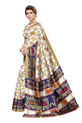 cream printed art silk saree with blouse 2