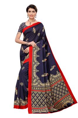 Navy blue printed art silk saree with blouse 1