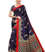 Navy blue printed art silk saree with blouse