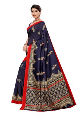 Navy blue printed art silk saree with blouse 2
