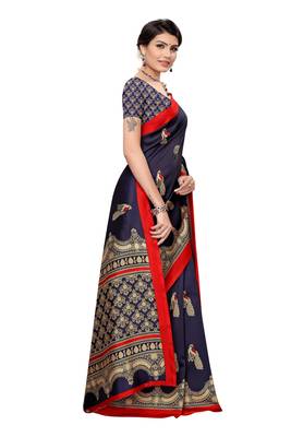 Navy blue printed art silk saree with blouse 3