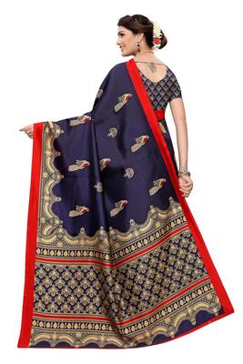 Navy blue printed art silk saree with blouse 4