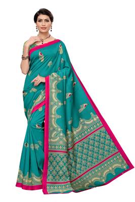 Turquoise printed art silk saree with blouse 1