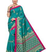 Turquoise printed art silk saree with blouse