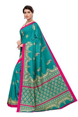 Turquoise printed art silk saree with blouse 2