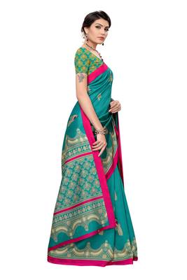 Turquoise printed art silk saree with blouse 3
