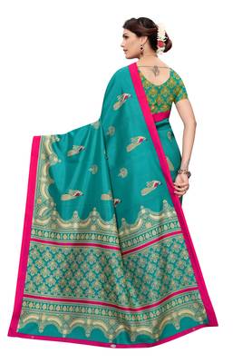Turquoise printed art silk saree with blouse 4