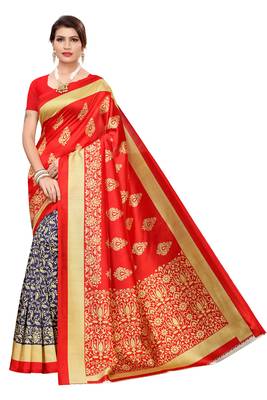 Navy blue printed art silk saree with blouse 1