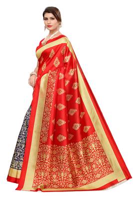 Navy blue printed art silk saree with blouse 2