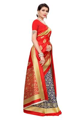 Navy blue printed art silk saree with blouse 3