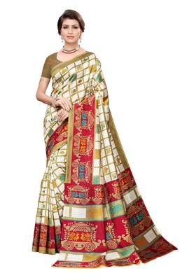 Red printed art silk saree with blouse 1