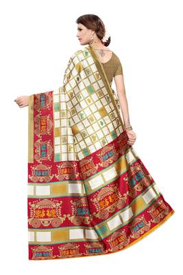 Red printed art silk saree with blouse 4