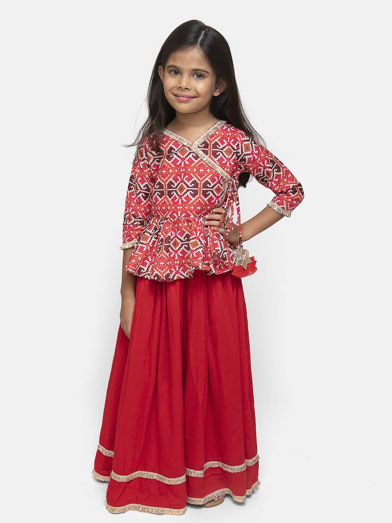 Red Plain Cotton Stitched Kids Lehenga Choli