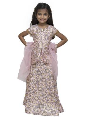 Pink Printed Silk Blend Stitched Kids Lehenga Choli 1