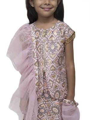 Pink Printed Silk Blend Stitched Kids Lehenga Choli 4