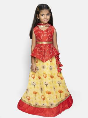 Yellow Embroidered Silk Blend Stitched Kids Lehenga Choli 1