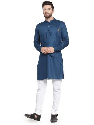 Blue plain cotton kurta-pajama 1