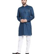 Blue plain cotton kurta-pajama