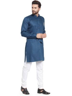 Blue plain cotton kurta-pajama 2