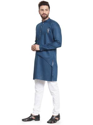 Blue plain cotton kurta-pajama 4