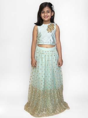 Green Embroidered Net  Stitched Kids Lehenga Choli 1