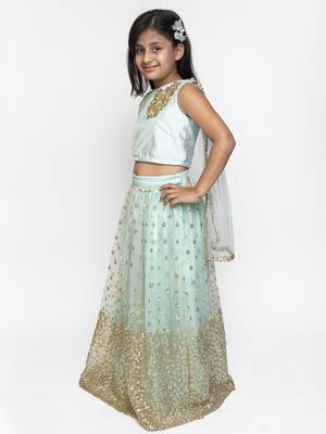 Green Embroidered Net  Stitched Kids Lehenga Choli 2