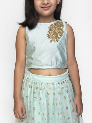 Green Embroidered Net  Stitched Kids Lehenga Choli 4