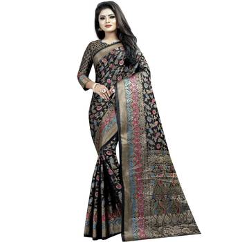 Black woven art silk saree with blouse 1