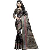 Black woven art silk saree with blouse