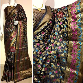 Black woven art silk saree with blouse 3