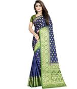 Blue woven tussar silk saree with blouse
