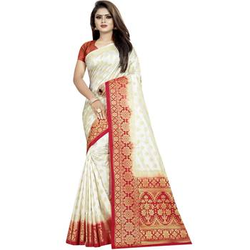 White woven tussar silk saree with blouse 1