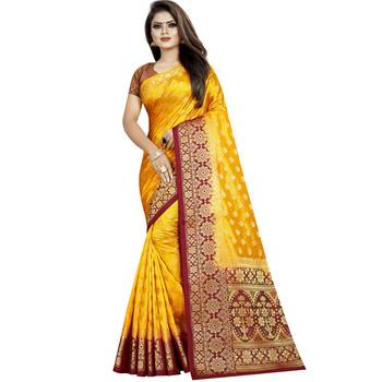 Yellow woven tussar silk saree with blouse 1