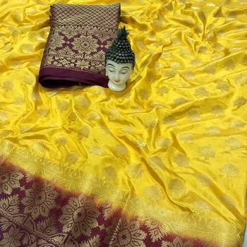 Yellow woven tussar silk saree with blouse 4
