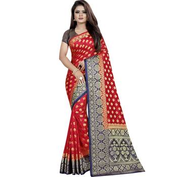 Red woven tussar silk saree with blouse 1