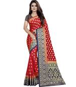 Red woven tussar silk saree with blouse