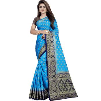 Light blue woven tussar silk saree with blouse 1